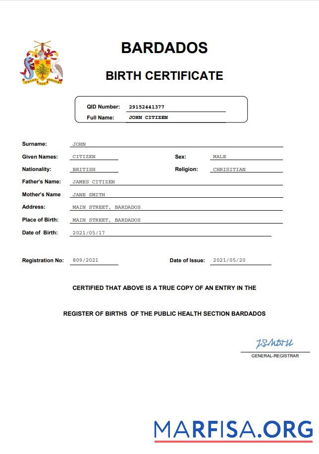 Blank Barbados birth certificate template in Word and PDF